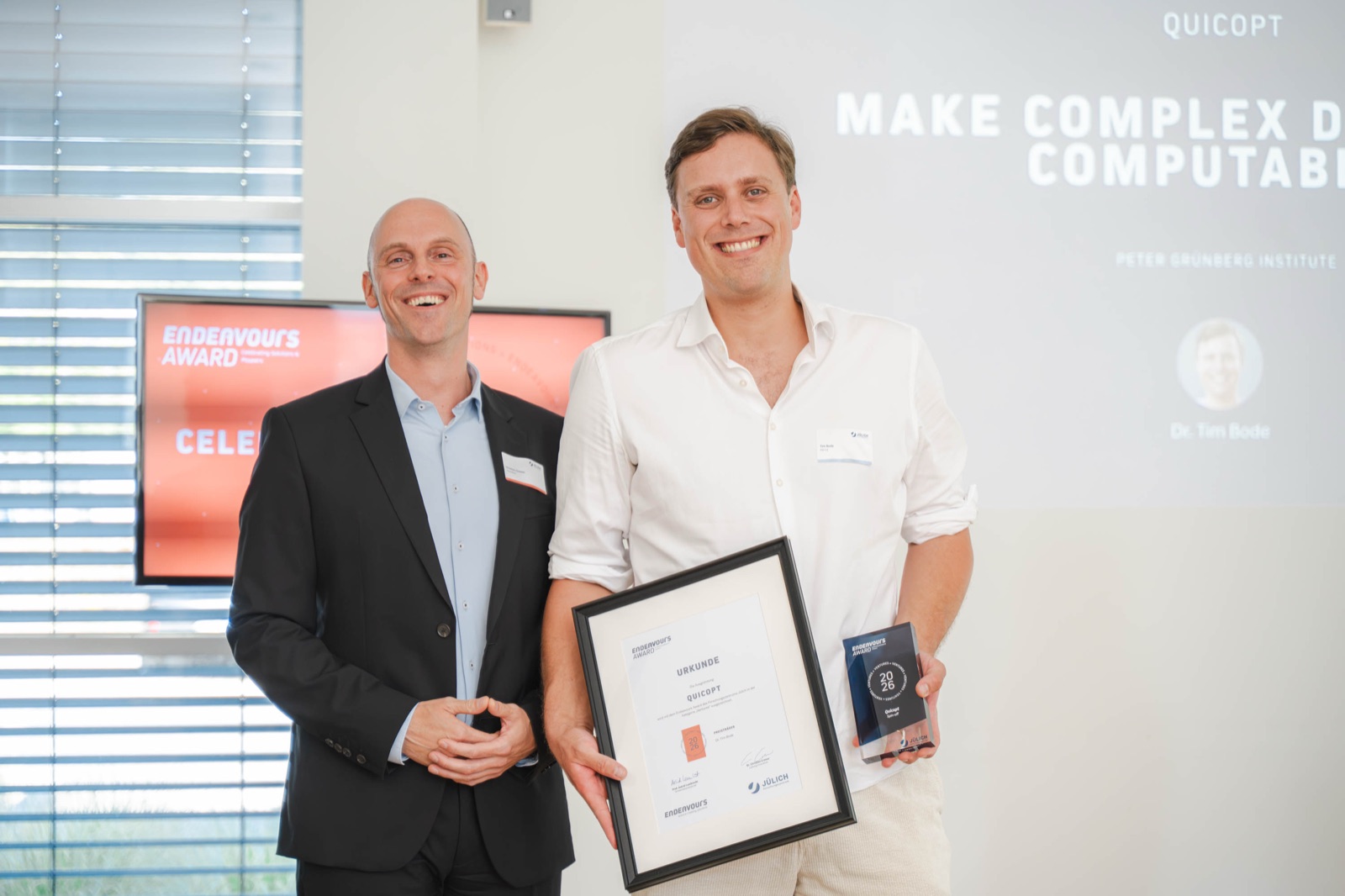 Christian Cremer (left) and Tim Bode at the Endeavours Award ceremony, Forschungszentrum Jülich, 26 August 2026.